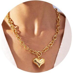 Chunky Gold Heart Necklace for Women，14K Gold Plated Chunky Heart Pendant Bold C